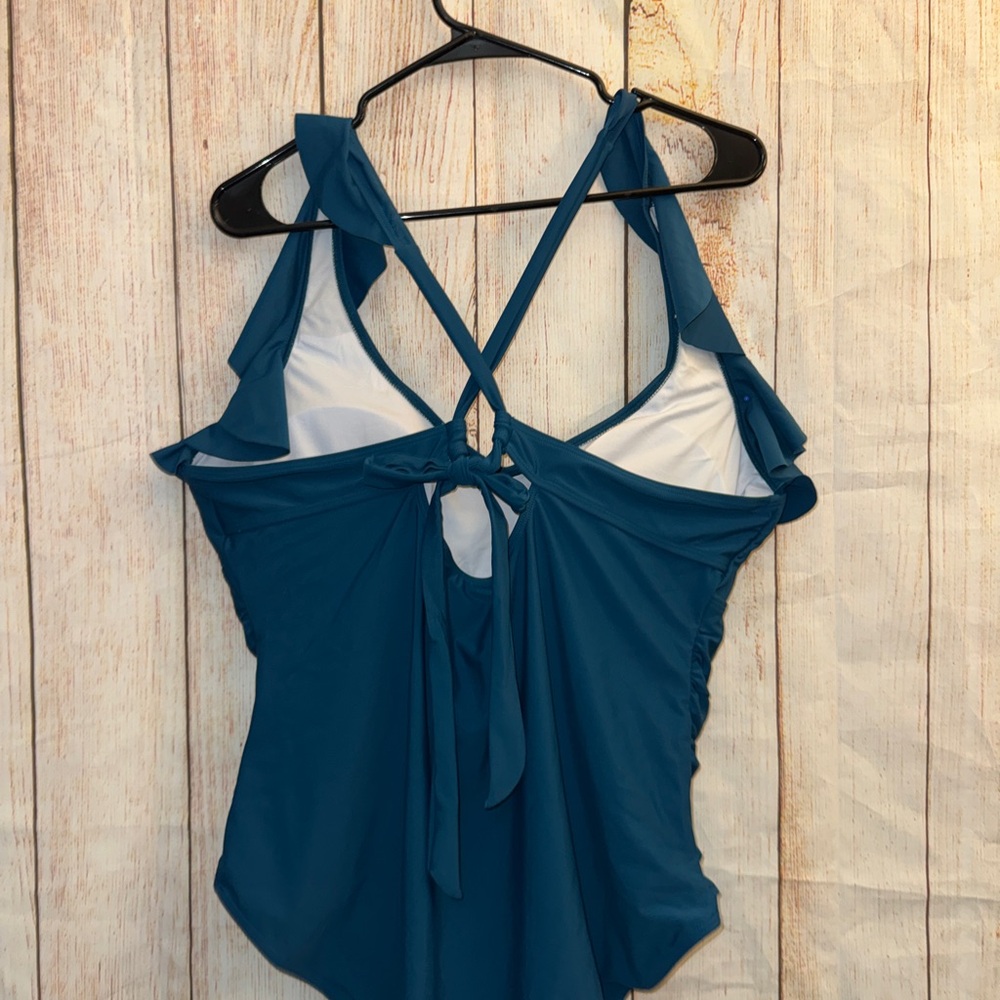 Teal Ruffle-Shoulder One-Piece Swimsuit with Crisscross Back  ruched sides 2XL - Picture 4 of 8